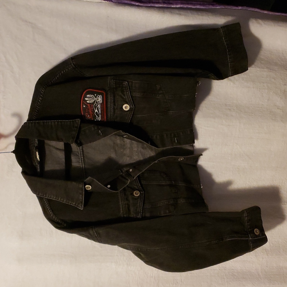 Black Cropped Denim Jacket with Patch. Bailey Sarian Merch